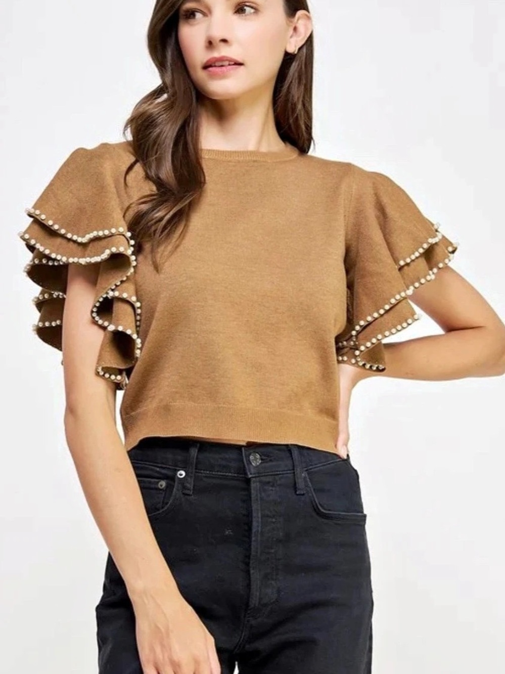Strut & Bolt Pearl Trim Knit Shirt Sleeve Sweater-Tan-Size Medium